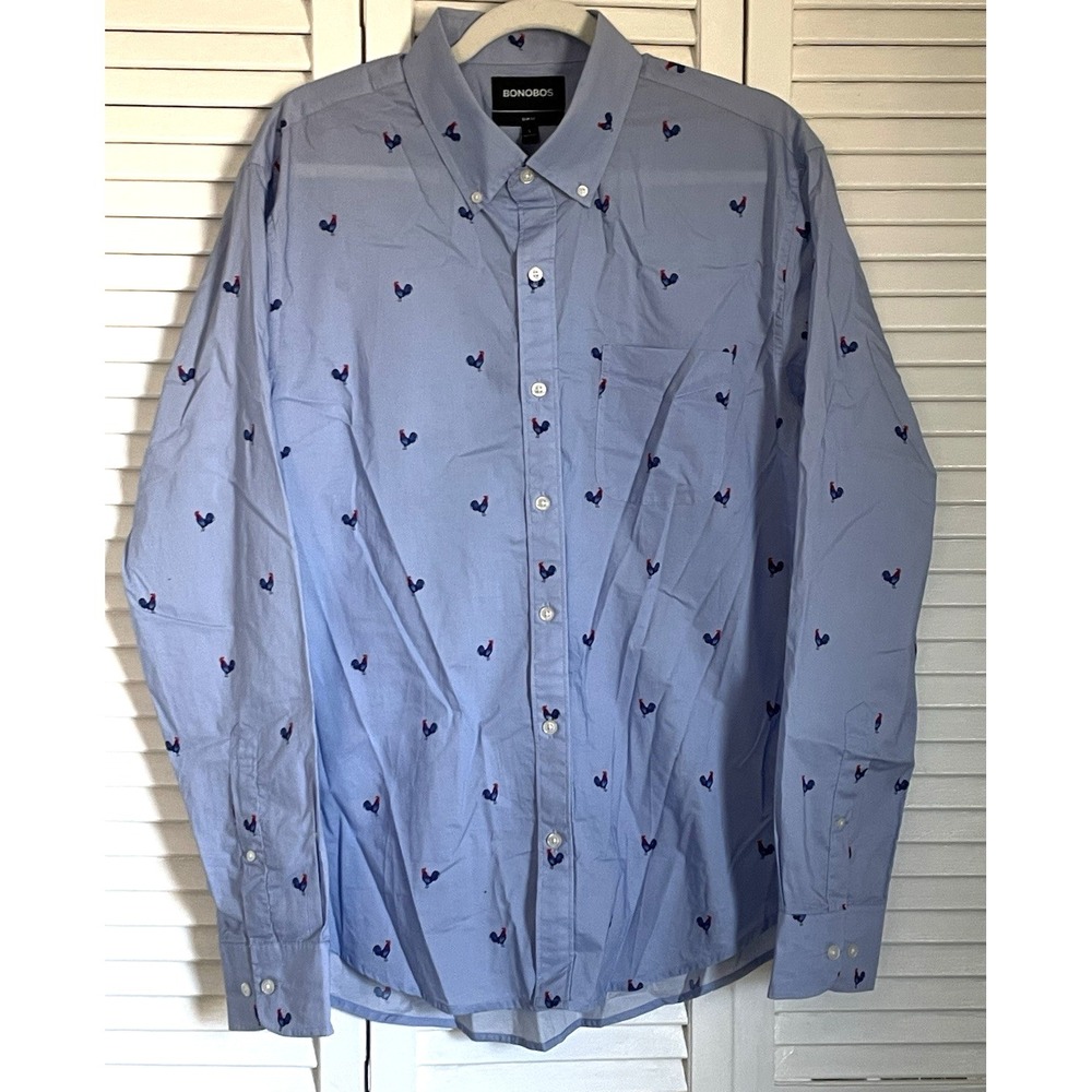 BONOBOS Mens Large Slim Fit Rooster Print Button Up Long Sleeve Blue Shirt